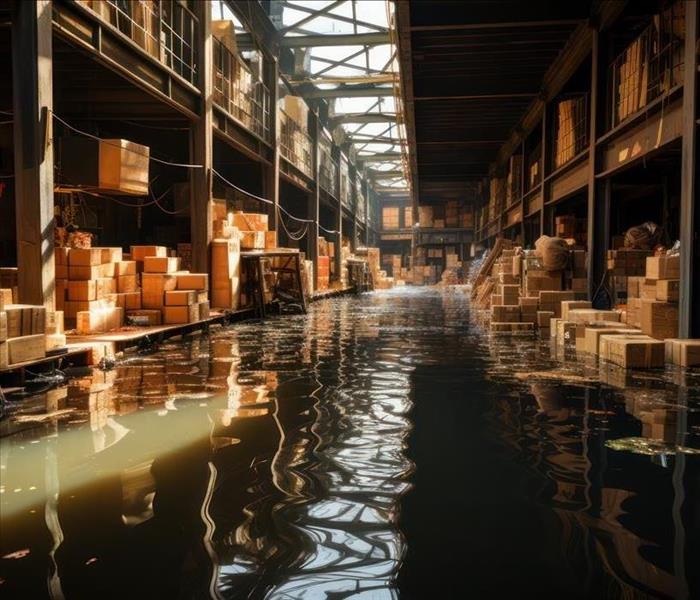 Flooded warehouse with cardboard boxes floating on water due to flooding